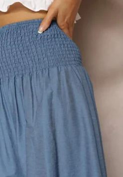 Jasnoniebieskie Spodnie Kuloty z Bawełny High Waist o Szerokim Kroju Wykończone Gumką w Pasie Alifrea