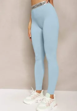 Jasnoniebieskie Sportowe Legginsy Elastyczne z Ozdobną Szeroką Gumą w Pasie Larnode