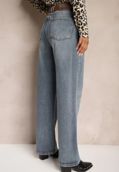 Jasnoniebieskie Szerokie Jeansy z Paskiem z Kowbojską Klamrą Liliris