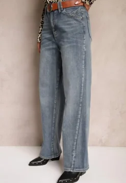 Jasnoniebieskie Szerokie Jeansy z Paskiem z Kowbojską Klamrą Liliris