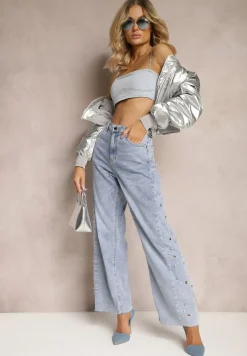Jasnoniebieskie Szerokie Jeansy z Perełkami i Nitami na Bokach Nogawek Nisla