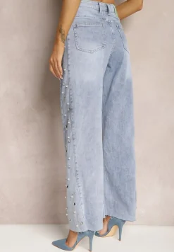 Jasnoniebieskie Szerokie Jeansy z Perełkami i Nitami na Bokach Nogawek Nisla