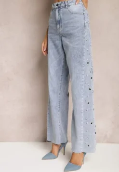 Jasnoniebieskie Szerokie Jeansy z Perełkami i Nitami na Bokach Nogawek Nisla