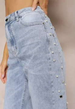 Jasnoniebieskie Szerokie Jeansy z Perełkami i Nitami na Bokach Nogawek Nisla