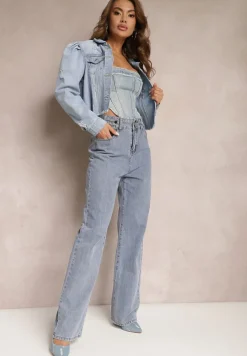 Jasnoniebieskie Szerokie Jeansy z Wysoką Ozdobną Talią Florati