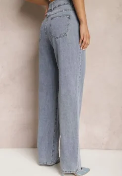 Jasnoniebieskie Szerokie Jeansy z Wysoką Ozdobną Talią Florati