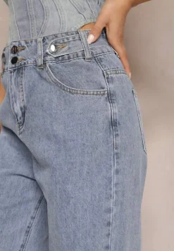 Jasnoniebieskie Szerokie Jeansy z Wysoką Ozdobną Talią Florati