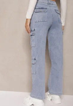 Jasnoniebieskie Szerokie Jeansy High Waist z Kieszeniami Leorrio