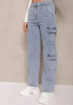 Jasnoniebieskie Szerokie Jeansy High Waist z Kieszeniami Leorrio