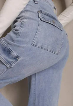Jasnoniebieskie Szerokie Jeansy High Waist z Kieszeniami Leorrio