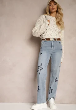Jasnoniebieskie Szerokie Jeansy z Regularną Talią i Ozdobnymi Haftami w Gwiazdki Arialah