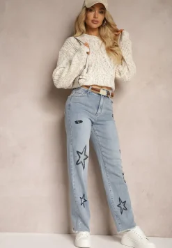 Jasnoniebieskie Szerokie Jeansy z Regularną Talią i Ozdobnymi Haftami w Gwiazdki Arialah