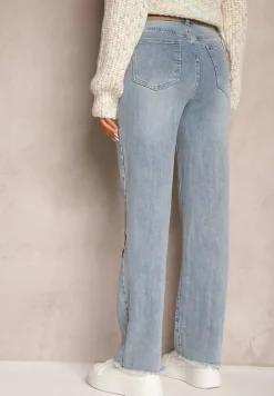 Jasnoniebieskie Szerokie Jeansy z Regularną Talią i Ozdobnymi Haftami w Gwiazdki Arialah