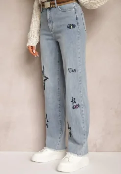 Jasnoniebieskie Szerokie Jeansy z Regularną Talią i Ozdobnymi Haftami w Gwiazdki Arialah