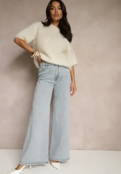 Jasnoniebieskie Szerokie Jeansy z Bawełny Ozdobione Cyrkoniami i Haftem Farilith