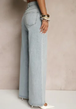 Jasnoniebieskie Szerokie Jeansy z Bawełny Ozdobione Cyrkoniami i Haftem Farilith