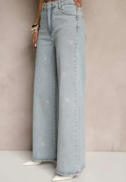 Jasnoniebieskie Szerokie Jeansy z Bawełny Ozdobione Cyrkoniami i Haftem Farilith