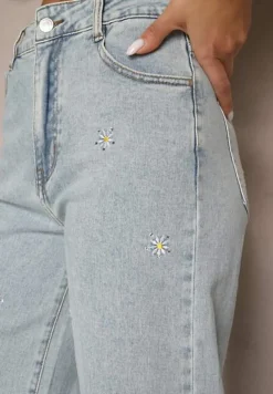 Jasnoniebieskie Szerokie Jeansy z Bawełny Ozdobione Cyrkoniami i Haftem Farilith
