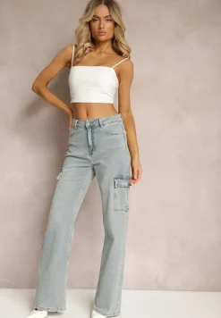 Jasnoniebieskie Szerokie Jeansy Typu Cargo z Kieszeniami z Klapami Riovala