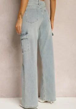 Jasnoniebieskie Szerokie Jeansy Typu Cargo z Kieszeniami z Klapami Riovala