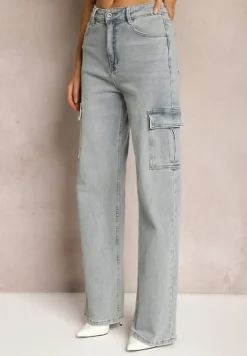 Jasnoniebieskie Szerokie Jeansy Typu Cargo z Kieszeniami z Klapami Riovala