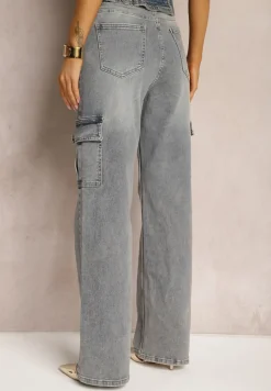 Jasnoniebieskie Szerokie Jeansy Cargo z Kieszeniami z Klapami Allfia