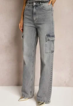 Jasnoniebieskie Szerokie Jeansy Cargo z Kieszeniami z Klapami Allfia