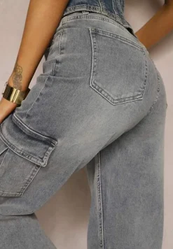 Jasnoniebieskie Szerokie Jeansy Cargo z Kieszeniami z Klapami Allfia