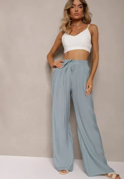 Jasnoniebieskie Szerokie Spodnie z Wiskozy i Gumką w Pasie Abyga