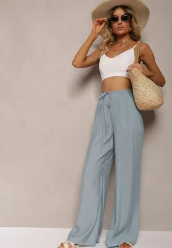 Jasnoniebieskie Szerokie Spodnie z Wiskozy i Gumką w Pasie Abyga