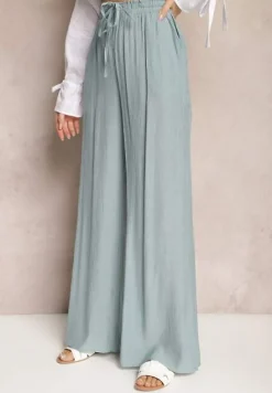 Jasnoniebieskie Szerokie Spodnie z Wiskozy i Gumką w Pasie Abyga