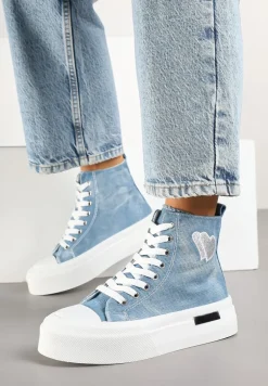 Jasnoniebieskie Trampki na Platformie z Wysoką Cholewką z Haftem z Brokatem Elanitha
