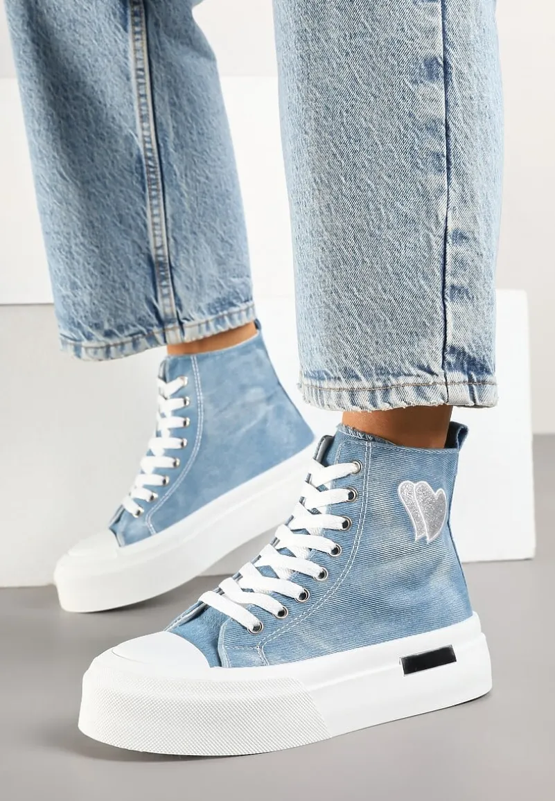 Jasnoniebieskie Trampki na Platformie z Wysoką Cholewką z Haftem z Brokatem Elanitha