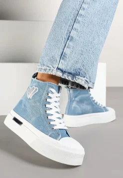 Jasnoniebieskie Trampki na Platformie z Wysoką Cholewką z Haftem z Brokatem Elanitha