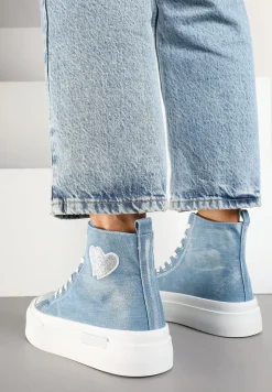 Jasnoniebieskie Trampki na Platformie z Wysoką Cholewką z Haftem z Brokatem Elanitha