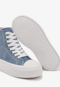 Jasnoniebieskie Trampki na Platformie z Wysoką Cholewką z Haftem z Brokatem Elanitha