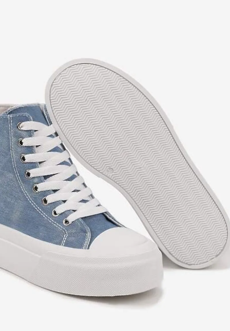 Jasnoniebieskie Trampki na Platformie z Wysoką Cholewką z Haftem z Brokatem Elanitha