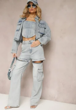 Jasnoniebieskie 2w1 Bawełniane Szorty Jeansy High Waist z Szerokimi Odpinanymi Nogawkami Sadiara