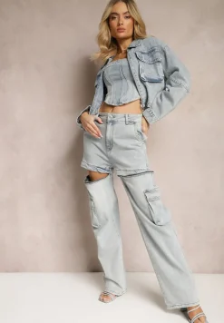 Jasnoniebieskie 2w1 Bawełniane Szorty Jeansy High Waist z Szerokimi Odpinanymi Nogawkami Sadiara
