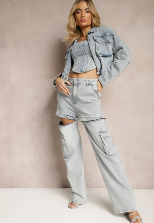 Jasnoniebieskie 2w1 Bawełniane Szorty Jeansy High Waist z Szerokimi Odpinanymi Nogawkami Sadiara