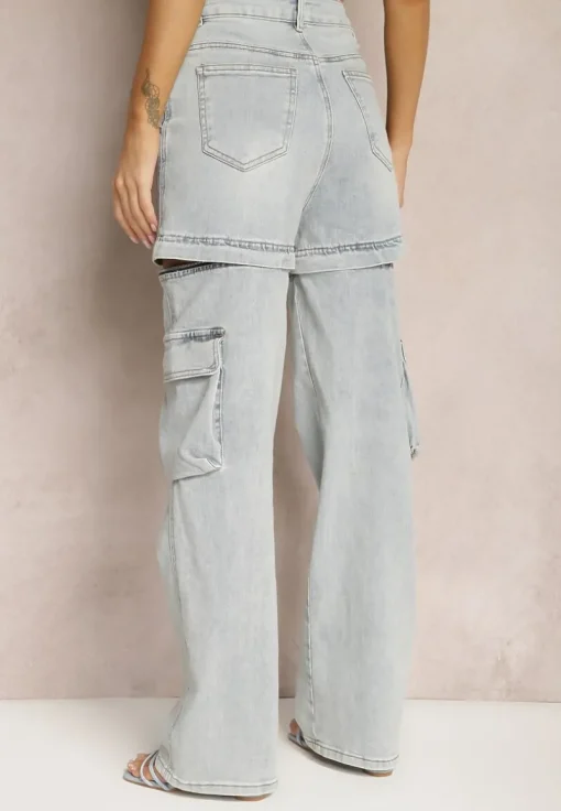 Jasnoniebieskie 2w1 Bawełniane Szorty Jeansy High Waist z Szerokimi Odpinanymi Nogawkami Sadiara