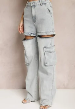 Jasnoniebieskie 2w1 Bawełniane Szorty Jeansy High Waist z Szerokimi Odpinanymi Nogawkami Sadiara