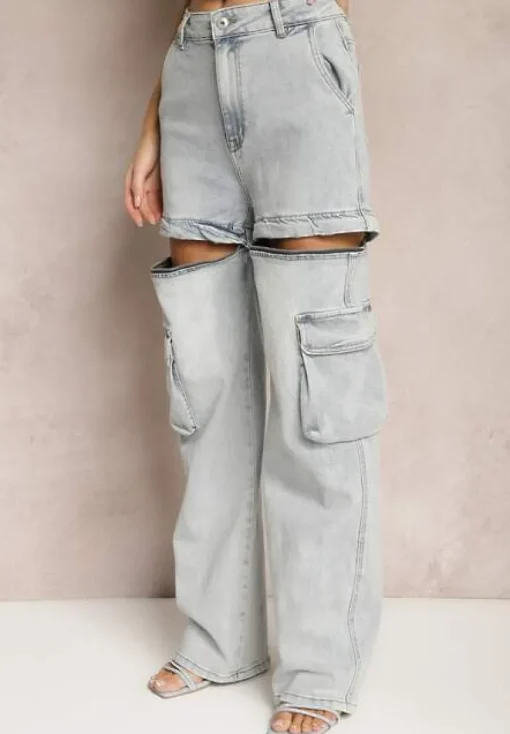 Jasnoniebieskie 2w1 Bawełniane Szorty Jeansy High Waist z Szerokimi Odpinanymi Nogawkami Sadiara