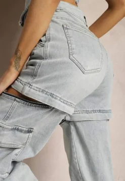 Jasnoniebieskie 2w1 Bawełniane Szorty Jeansy High Waist z Szerokimi Odpinanymi Nogawkami Sadiara