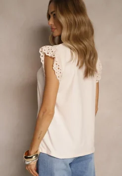 Jasnoróżowa Bawełniana Bluzka z Krótkim Rękawem z Ażurowej Falbanki Voanira