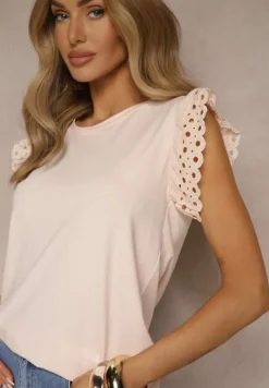 Jasnoróżowa Bawełniana Bluzka z Krótkim Rękawem z Ażurowej Falbanki Voanira