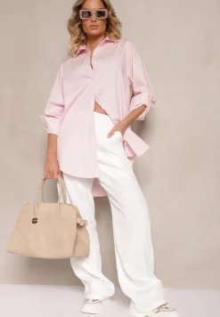 Jasnoróżowa Bawełniana Długa Koszula z Regulacją przy Rękawach Dorivelle