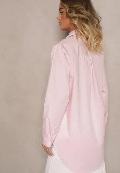 Jasnoróżowa Bawełniana Długa Koszula z Regulacją przy Rękawach Dorivelle