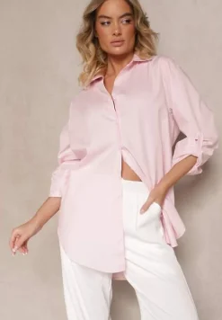 Jasnoróżowa Bawełniana Długa Koszula z Regulacją przy Rękawach Dorivelle