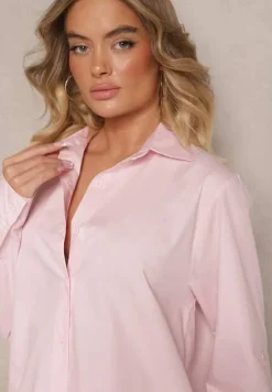 Jasnoróżowa Bawełniana Długa Koszula z Regulacją przy Rękawach Dorivelle